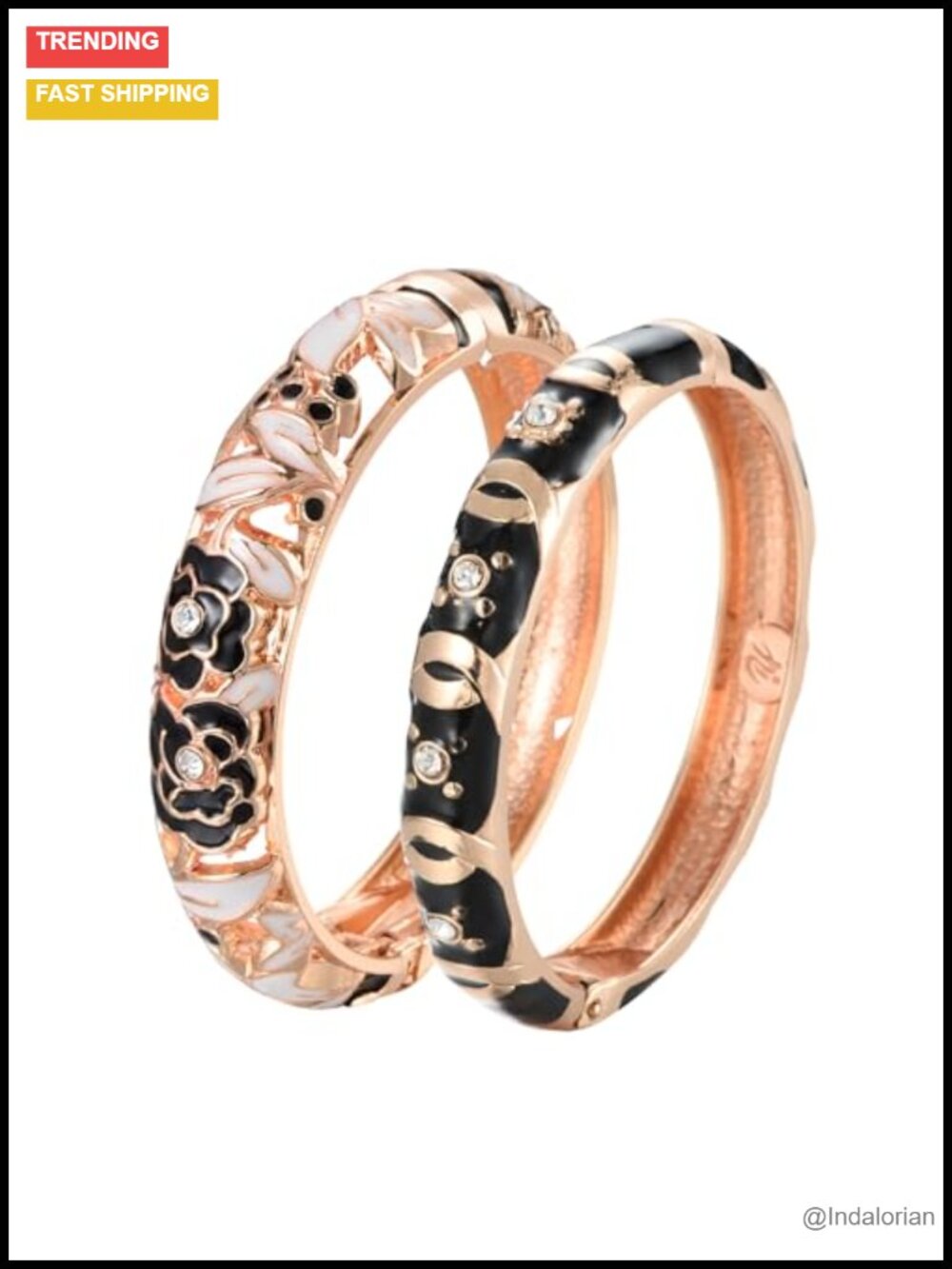 Cloisonne Enameled Rhinestone Rose Hinged Cuff Bracelet Bangle Set